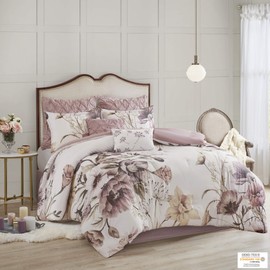 Madison Park 100% Cotton Comforter Contemporary Floral Design All Season Set, Matching Bed Skirt, Decorative Pillows, Cal King(104"x92"), Blush