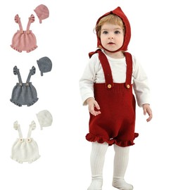 LAWKUL Baby Girl Clothes Knit Suspender Shorts Ruffle Flying Sleeve Jumpsuit with Hat Newborn Infant Overall 0-3 Months Red