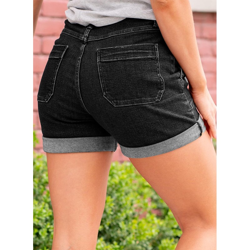 AGUCEG Women's Summer Classic Fold Hem Denim Shorts, black, M