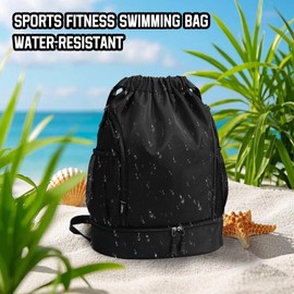 RainFlowwer Waterproof Drawstring Gym Bag with Shoe Compartment – Large Sports Backpack for Men & Women, Durable Drawstring Backpack for Travel, Gym, Hiking & Daily Use (Black)