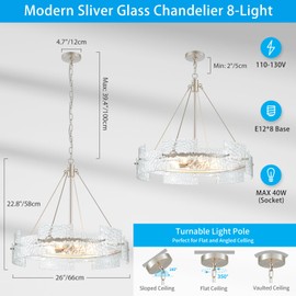 XINGQI 26" Large 8-Light Modern Silver Glass Chandelier Drum Light Fixture Round Water Ripple Pendant Lighting for Dining Room Living Room Kitchen Island Office