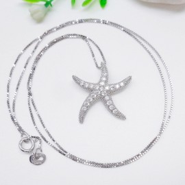 Hiqmic 925 Sterling Silver Chain Starfish Star shaped Zirconia Pendant Fashion Jewelry WK99161 Necklace, S-White