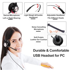 USB PC Headset with Noise Canceling Microphone, Headphones USB-A with Volume Control for Laptop, Office Call Center Work, Skype Teams Zoom Google Meet Webex Conference Dragon Dictation Softphone