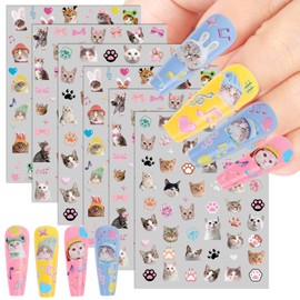 Keluna Cat Nail Art Stickers - 6 Sheets 5D Cute Cat Nail Sticker, Kawaii Animal Nail Decals, Cartoon Paw Print Bow Nail Decal Designs for Women Girls DIY Manicure Decoration Accessories