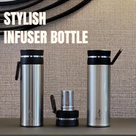 Ozizo Tea Infuser Bottle for Loose Leaf Tea | Stainless Steel Herbal Travel Mug | Water Bottle with Infuser Set | Double Wall Insulated Drinking Cup with Strainer (1, Golden)