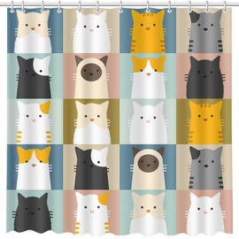 MEHOFOND 72x72inch Hand-Painted Cartoon Shower Curtain Cute Cat Fun Colored Checkered Painting Shower Curtain Liner Home Bathroom Bathtub Decoration Durable Polyester Material With 12 Hooks