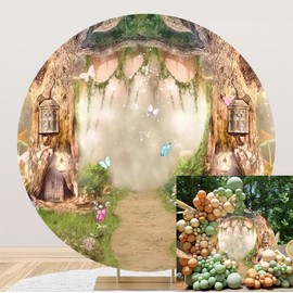 Laeacco 7.2x7.2ft Fairy Tale Enchanted Forest Round Backdrop Magic Tree House Wonderland Circle Backdrop Garden Butterfly Natural Scenery Arch Background for Kids Birthday Portrait Photo Booth Prop