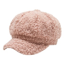 Women's Lamb Wool Newsboy Cap Casual Fleece Visor Cap Plush Fur Beret Hat Ladies Winter Warm Fluffy Painter Hat Pink