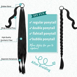 Cephermer Braided Ponytail Extension 26'' 30'' DIY Long Braid Hair Extensions Ponytail with Elastic Tie Straight Wrap Around Natural Soft Synthetic Hairpiece for Women Dark Black