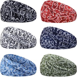 6 headbands paisley bandanas head bands sweat band hair wrap headwrap fashion boho wide thick workout yoga elastic mens cooling running sports headband sweatbands for women and men - Color: Multi-colored-1
