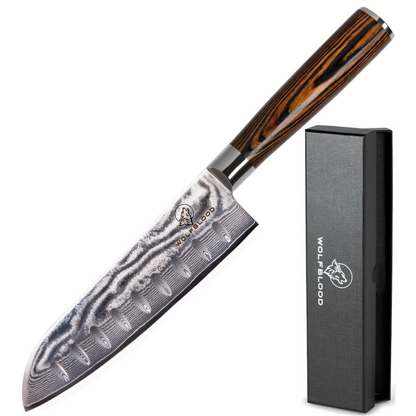 Wolfblood Damascus Knife Santoku Knife XL (30 cm) Professional Chef's Knife Made of 67 Layers Damascus Steel & VG10 Utility Knife Blade I Damask Kitchen Knife Santoku Knife with Wooden Handle Gift Box