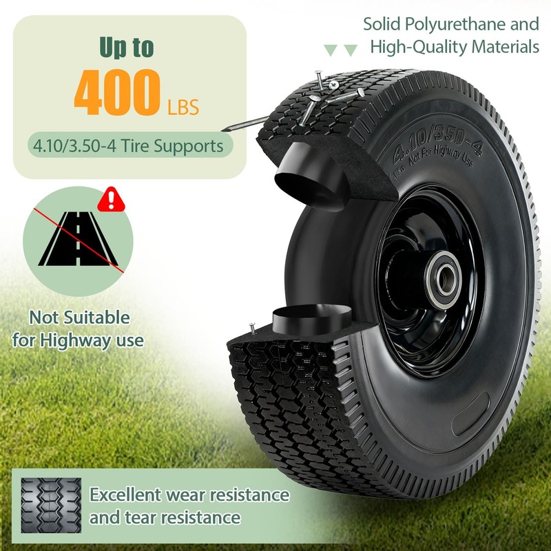 4.10/3.50-4 Tire and Wheel, 10" Solid Tires with 5/8” Bearing,