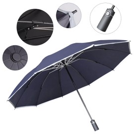 OXTXO Storm Proof Umbrella - Windproof and Strong Mini Umbrella with Automatic Folding and Inverted, Pocket Umbrella for Men and Women, Reflectors on the Edge - 10 Ribs Diameter 126 cm, blue