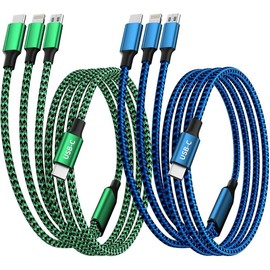 Multi Charging Cable(2Pack 4FT) 3 in 1 Nylon Braided Universal USB Cable with Type C Micro IP Port for Most Cell Phones & Pads High Quality Multi Charger - Colour: GreenBlack+Blueblack, Style: USBC-3IN1