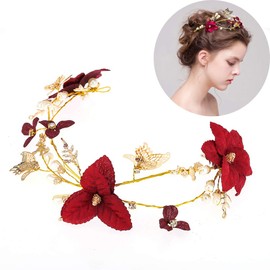 Wedding Red Flower Gold Butterfly Hairbands Wedding Tiara Pearl Headbands Bridal Hair Jewelry Accessories (B)