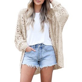 Mafulus Women's Crochet Cardigan Kimono Boho Long Sleeve Lightweight Soft Oversized Open Front Knitted Sweater Beige