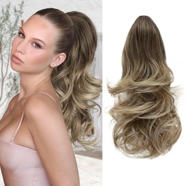 MOCA HAIR Ponytail Extension,Ombre Brown Mix Blonde 18 Inch Claw Clip Ponytail Extension, Soft Wavy Curly Clip on Ponytails for Women Heat Resistant Synthetic Hairpiece for Daily Use