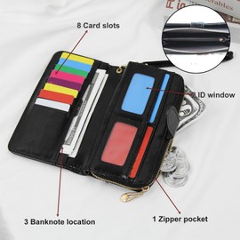 AdiStylinno Women's Leather Large Capacity Long Wallet with Snap Closure and Zip, Clutch Purse with Multiple Card Slots, Phone Coin Pocket, ID Window, black, Minimalist