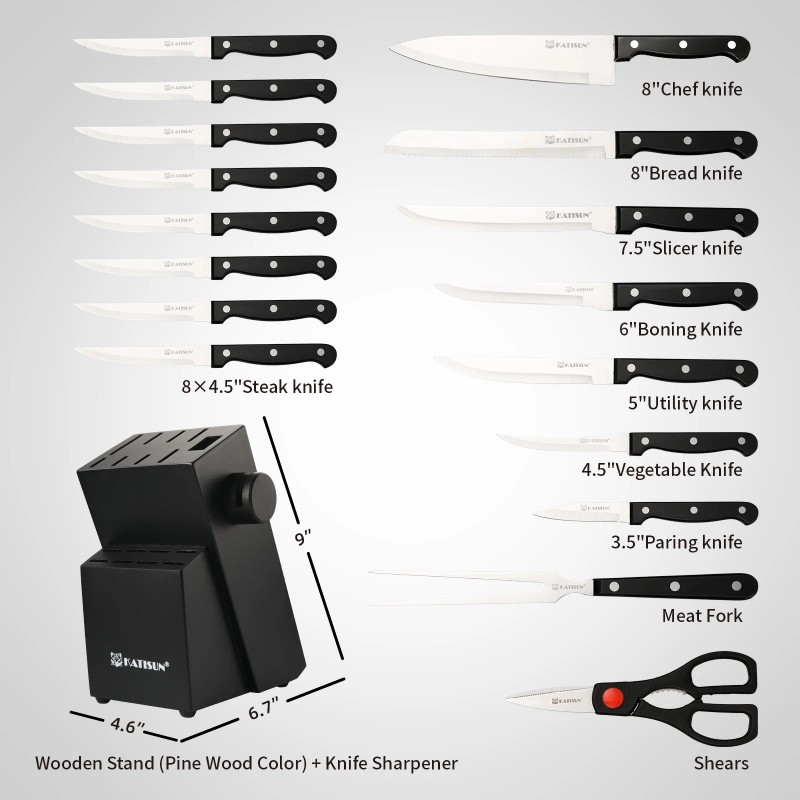 19-Piece Plastic Handle Carbon Steel Kitchen Knife Block Set with