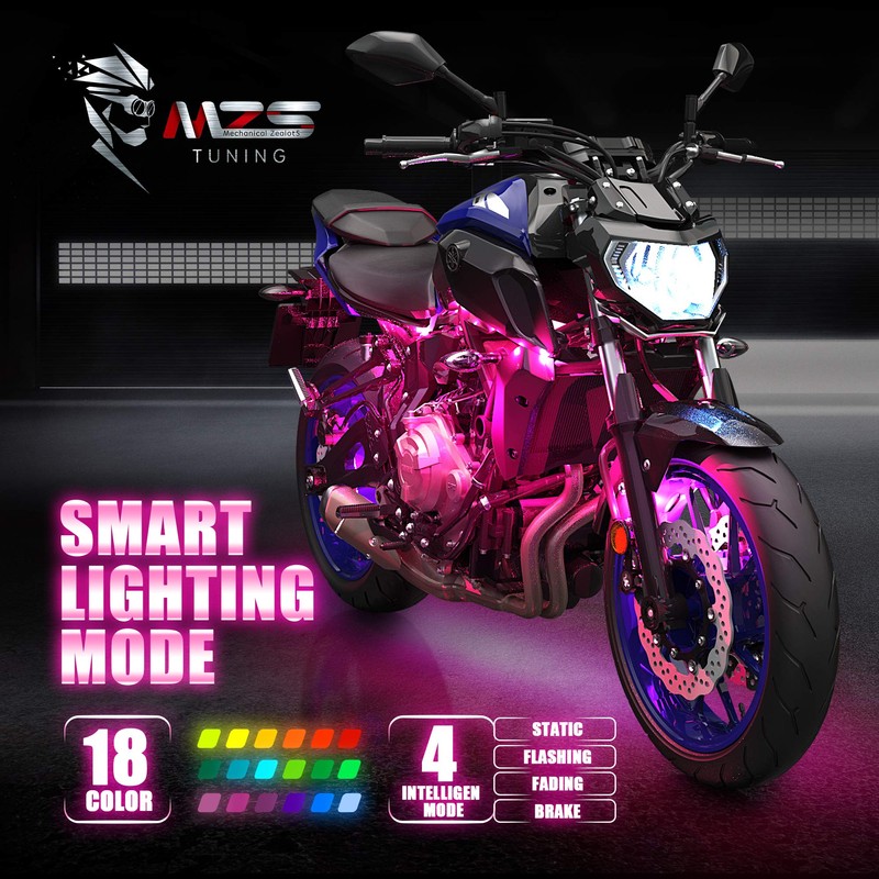 MZS 8Pcs Motorcycle LED Light Kit, Multi-Color Neon RGB Strips