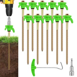 Flintronic 10Pcs Tent Stakes, 8" Heavy Duty Camping Stakes Rustproof, Metal Threaded Tent Spikes with Peg Extractor, for Hard Stony Ground and Gravel Pitches, Hiking, Camping Tent Accessories-Green