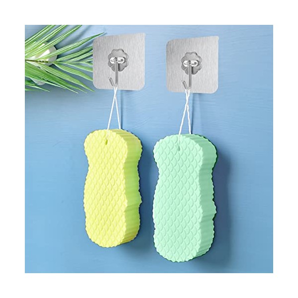 QOPAHI Super Soft Exfoliating Sponge with Hook Up, 3D Shower Brush Body Sponge for Sponges Bath, Adults Baby Sponges for Bath to Remove Dead Skin(Yellow+Green, 2 Hooks)