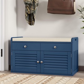 WARMHONIU Shoe Storage Bench with 2 Drawers & 2 Door Cabinet, Entryway Bench with Shoe Storage, Shoe Bench with Cushion, Adjustable Shelves, Shoe Rack Bench for Entryway, Hallway, Bedroom, Blue