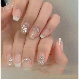 CEBOIC Short Nails for Sticking, Press on Nails, Handmade Gel Nails, Luxury Reusable Light Pink Artificial Nails with Rhinestone Decoration for Girls and Women, Everyday and Wedding, Pack of 10