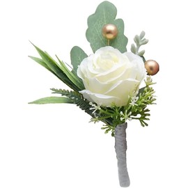 1 x Rose Boutonniere for Men Wedding Groom Groom Groomsmen Artificial White Roses with Pins for Wedding Anniversary Celebration Prom Party Home Decor Artificial Flowers