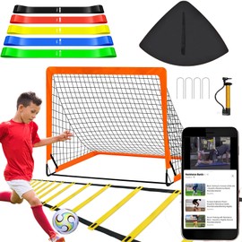Soccer Goals for Backyard, Portable Soccer Goal, Football Practice, Soccer Training Equipment for Young (4'x 3' Goal*1, Resistance Bands Set*1, 20FT & 12 Rungs Agility Ladder*1, Size 4 Soccer Ball*1)