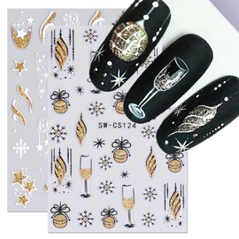 Black Gold Glitter Christmas Nail Stickers 3D Winter Tree Snowflake Nail Decals 7PCS Feather Star Bow Bell Wine Gift French Lines Christmas Nails Design Sticker New Year Manicure Decal for Women Girls