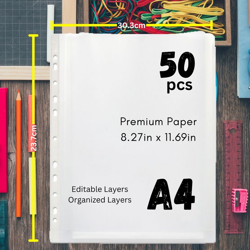 50 Pcs A4 Plastic Punched Punch Pockets 30 Micron for