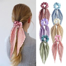 Girlssory Silky Satin Chiffon Hair Ties with Long Ribbon Bow Tail Hair Scrunchies Ponytail Holders Rubber Bands Accessories for Women (Beige)
