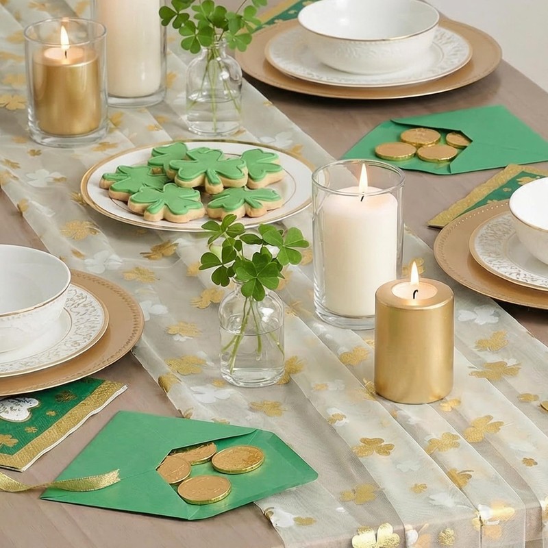 Beige Gauze Gold Shamrocks St.Patrick's Day Table Runner 120 Inch
