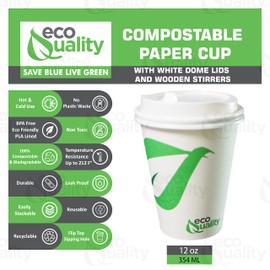 12 oz Compostable Paper Cups with White Dome Lids and Wooden Stirrers - Biodegradable Disposable White Paper Coffee Cups PLA Lined - Eco-friendly Hot and Cold Drinking Cups (50)
