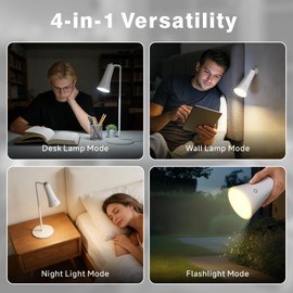 Rechargeable LED Desk Lamp, 4-in-1 Cordless Table Lamp, Magnetic Wall Mount LED Light, with Stepless Brightness, 3 Color Dimmable, 360° Rotation, For Reading, Office, Bedroom,Working, Hallway (White)