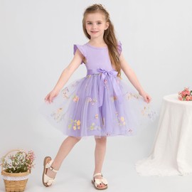 Bkixhv Toddler Girls Baby Tutu Tulle Dress Ruffled Sleeve Embroidered Floral Princess Party Dresses Summer Clothes 2-7Y Purple