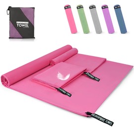 Pfloge® Microfibre Towel Set of 3, 180 x 80 cm Microfibre Towels Large + 2 Pieces 80 x 40 cm Small Fitness Towel, Colourfast Microfibre Bath Towel for Fitness, Sauna, Beach, Travel (Pink)