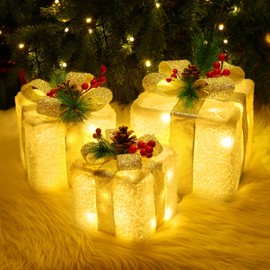 Quntis Set of 3 LED Gift Box Christmas, Christmas Decoration, Indoor Power Operated, 60 Warm White LEDs, Illuminated Box, Light Decoration for Christmas Tree, Windowsill, Garden, Window, Flannel