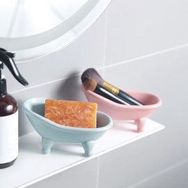 1 Piece 5.6" Colorful Ceramic Mini Clawfoot Bathtub Soap Dish Decortative Soap Dish Small Planter Makeup Organizer Container Hamster Bathtub(Blue)