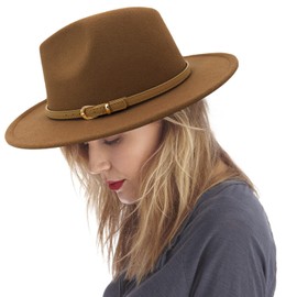 JXXAMZ33 Felt Fedora Hats for Women Wide Brim Fashionable Hat with Belt Buckle (Khaki)