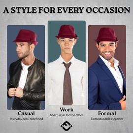 Funky Junque Men's Wool Blend Short Brim Fedora Hat, Burgundy Trilby, Adjustable Size Small