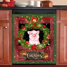 MAJO Cute Farm Animals Kitchen Decor Pig Magnet Dishwasher Cover Decal, Merry Christmas Pig Magnetic Fridge Door Cover Sheet, Vinyl Refrigerator Sticker (Pig, 23" x 26"Magnetic)