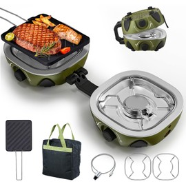 2 Burner Camping Stove,20000 BTU Foldable Propane Camp Stove with Pressure Adjustable Burners,Wind-Resistant Dual Gas Stoves with Portable Handle&Bag&GrillPan for Camping,BBQ,RV,Tailgating