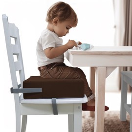 Toddler Booster Seat for Dining Table,Two Elastic Seat Belts, Anti-Scratch PU Skin-Friendly, Waterproof, Anti-Wrinkle, Detachable Non-Slip Bottom - Dark Brown