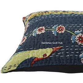 Sambhav Quilt Hub Bird Peacock Print Throw Pillow Covers, Farmhouse Pillow Covers, Cotton Pillow Cover, Indian Pillow Covers, Decorative Kantha Pillow Covers (20X12 inches, Blue)