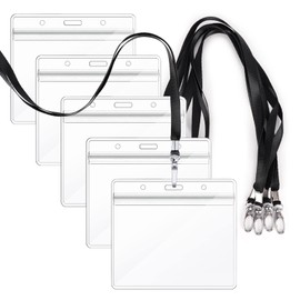 Segarty Name Holder, 5 Card Holder, Horizontal Type, Black, Hanging Name Tags, Employee ID, Transparent Color Name Tag Case, Card Holder, Neck Hanging, Double-Sided, Neck Strap, Cards, For School Commutes, Business Cards, Exhibitions, Events, Pass Case, 