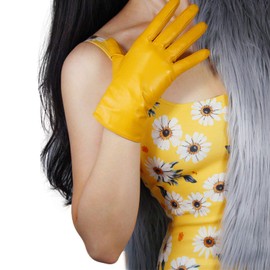 DooWay Women Real Leather Gloves Yellow Imported Goatskin Leather Wrist Short Vintage Classic Warm Driving Gloves