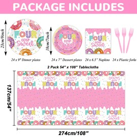 98 Pieces Four Sweet Donut Birthday Party Supplies for 24 Guests Girls Donut Tableware Set Baby Girl 4th Birthday Donut Plates and Napkins Tablecloth Party Decorations Dinnerware Party Favors