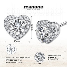 munone Moissanite Hearts Stud Earrings,1ct Brilliant Round Cut Lab Created Diamond 18k White Gold Vermeil Sterling Silver Earrings Valentines Birthday Gift for Women